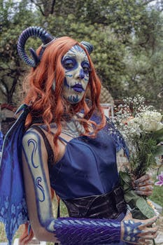 A vibrant depiction of a Catrina with artistic makeup and blue costume, holding flowers outdoors.