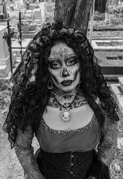 Black and white portrait of a catrina with artistic makeup in a cemetery, capturing Mexican culture.