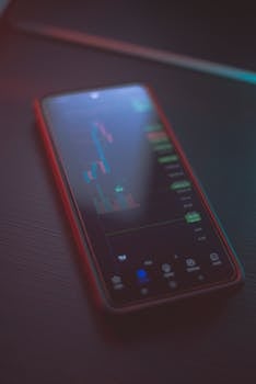 Close-up of a smartphone screen showing stock market data, focused on trading apps and analytics.