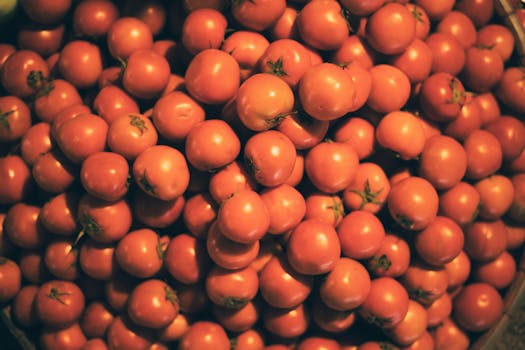 Fresh tomatoes piled high at Hà Nội's bustling night market, showcasing local urban life.
