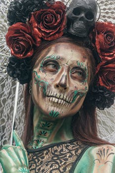 Vibrant Catrina makeup with skull motif and floral headpiece in Day of the Dead theme.